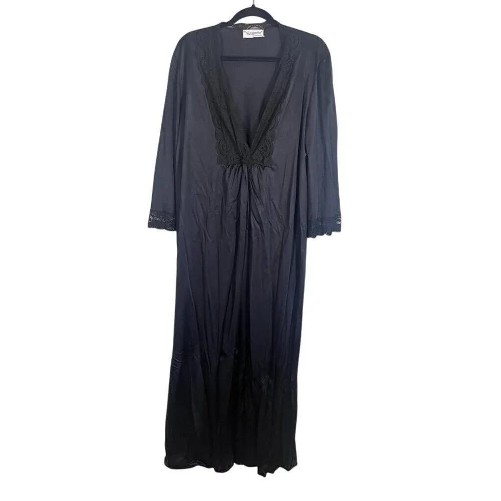 Vassarette Intimates L Black Robe Nightgown Vintage Retro Feminine Sexy Wedding